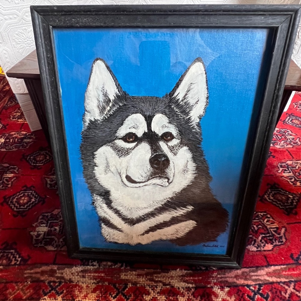 Vintage 1979 Signed Barbara Litch Husky Dog Portrait Original Painting 12x16